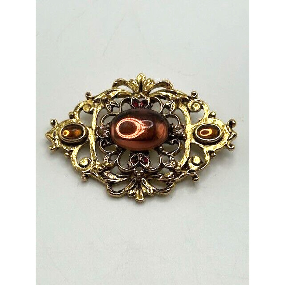 Vintage Gold Tone Clear Brown Stones Brooch Pin Open Work Retro 80s